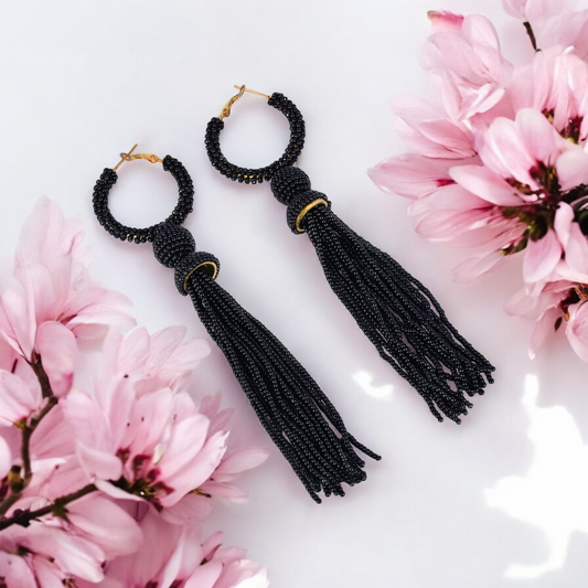 Elegant Black Beaded Hoop Earrings with Tassel Detail