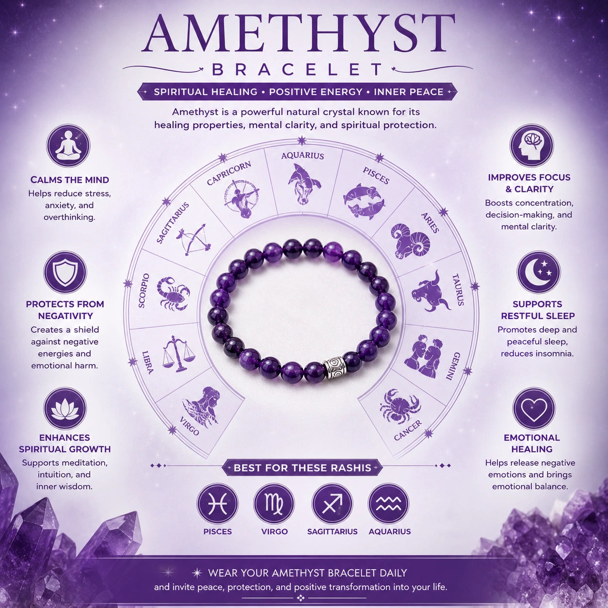 Premium Amethyst Stone Bracelet – Spiritual Wellness, Intuition & Inner Peace