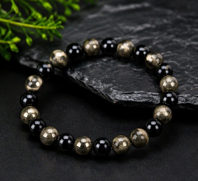 Natural Pyrite & Tourmaline Bracelet for Wealth, Power & Protection