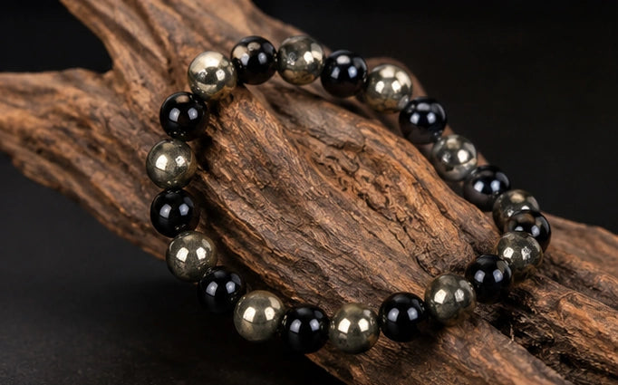 Natural Pyrite & Tourmaline Bracelet for Wealth, Power & Protection
