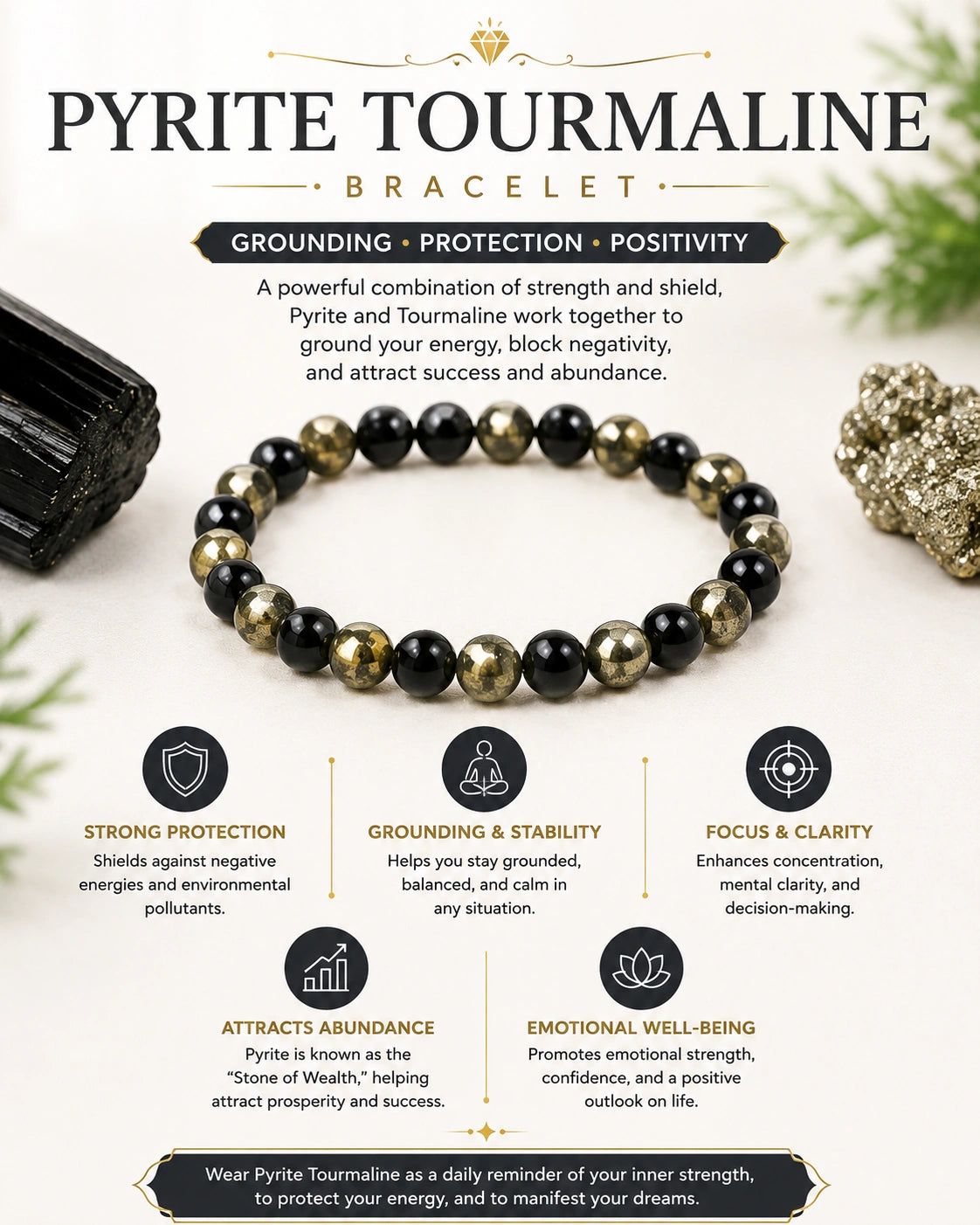 Natural Pyrite & Tourmaline Bracelet for Wealth, Power & Protection