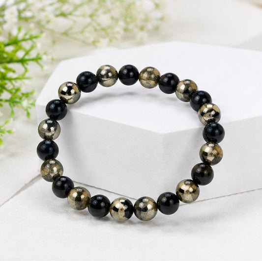 Natural Pyrite & Tourmaline Bracelet for Wealth, Power & Protection