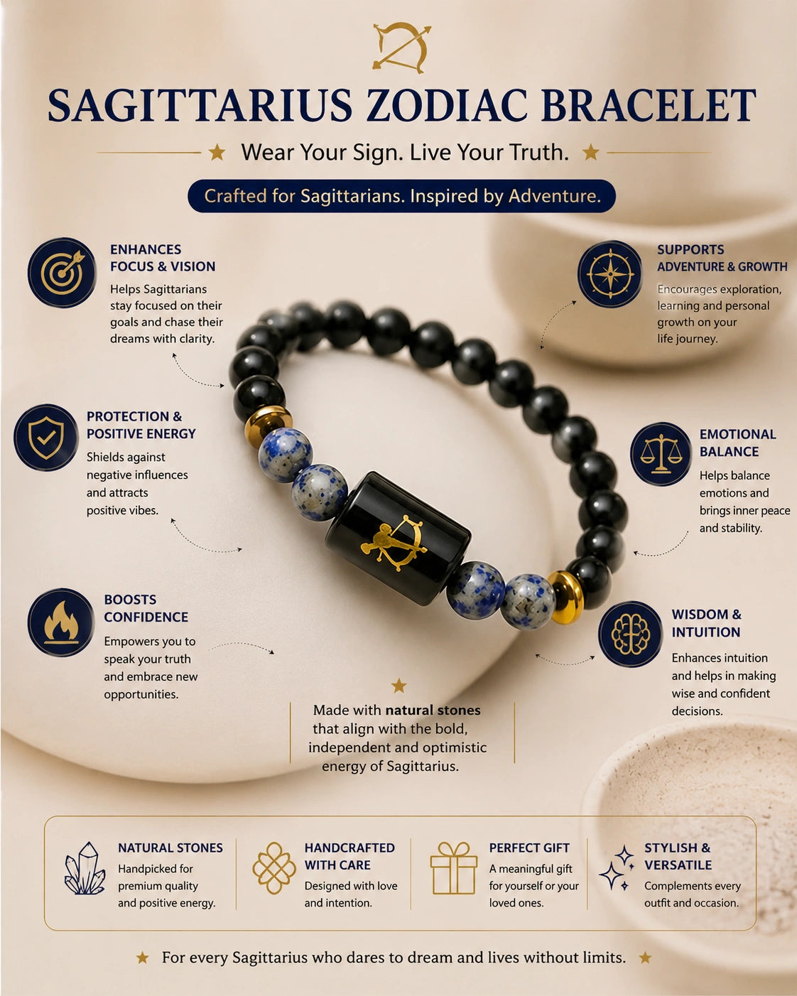 Sagittarius Zodiac Black Tourmaline & Lapis Lazuli Gemstone Bracelet | Natural Crystal Bracelet for Protection, Wisdom, Confidence & Positive Energy