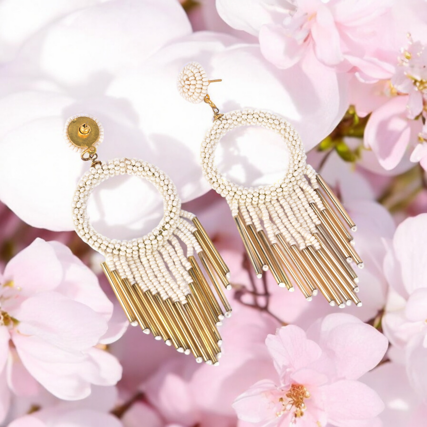 Statement white Beaded Hoop Earrings for Women
