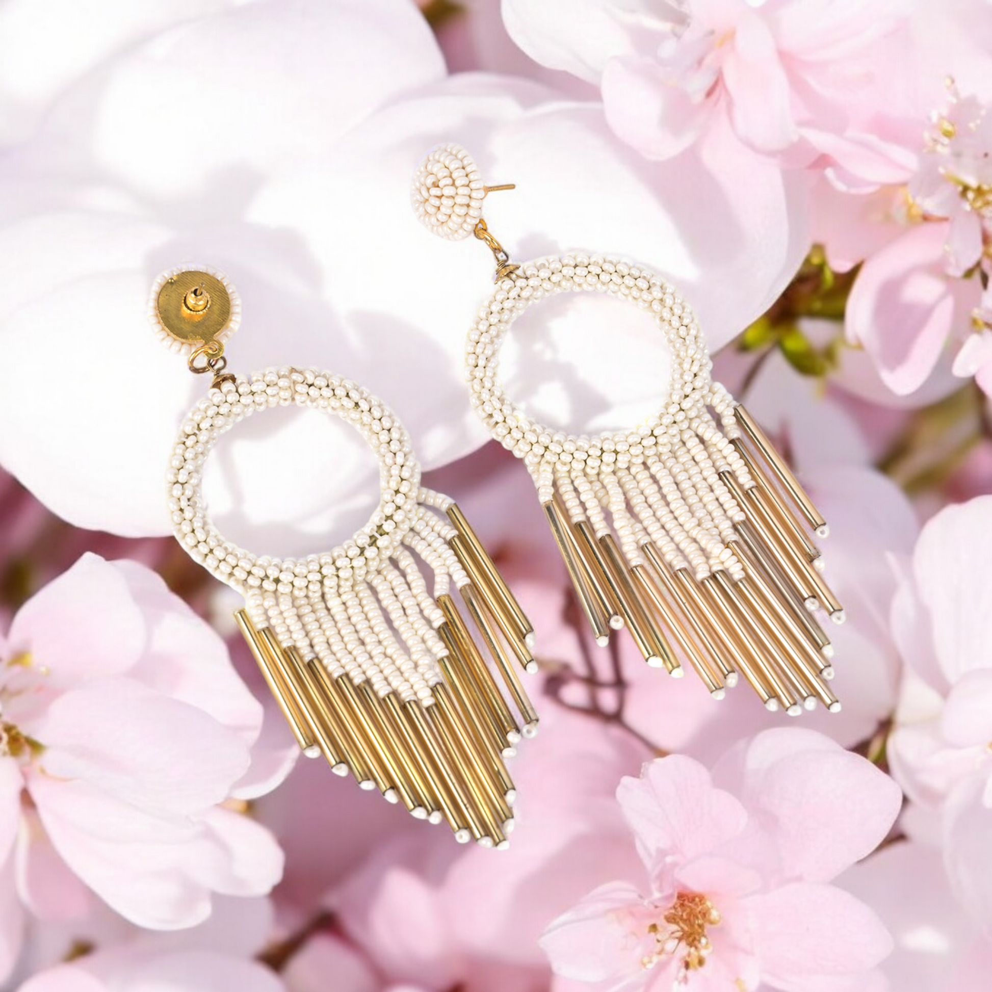 Statement white Beaded Hoop Earrings for Women