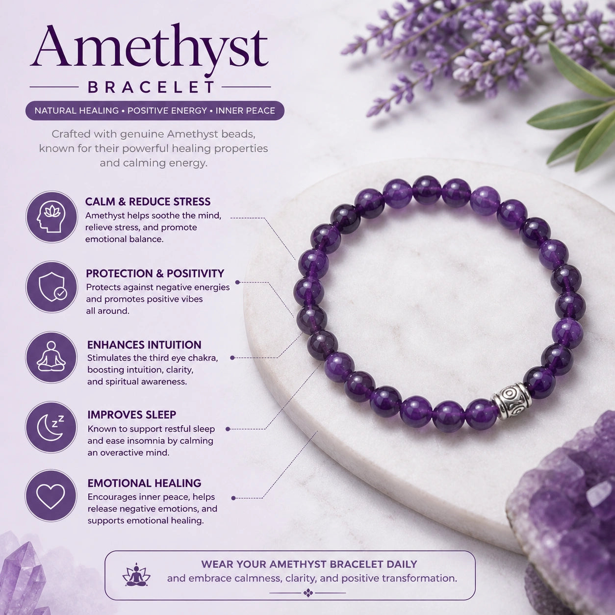 Unisex Amethyst Bracelet – Natural Gemstone Jewelry for Clarity & Relaxation