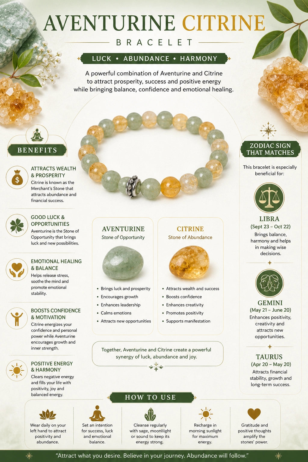 Unisex Aventurine Citrine Bracelet – Healing Gemstone Jewelry for Luck & Growth