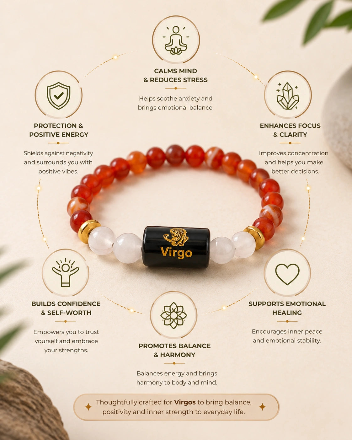 Virgo Zodiac Gemstone Bracelet | Certified Natural Crystal Bracelet for Wisdom, Focus, Prosperity & Emotional Balance