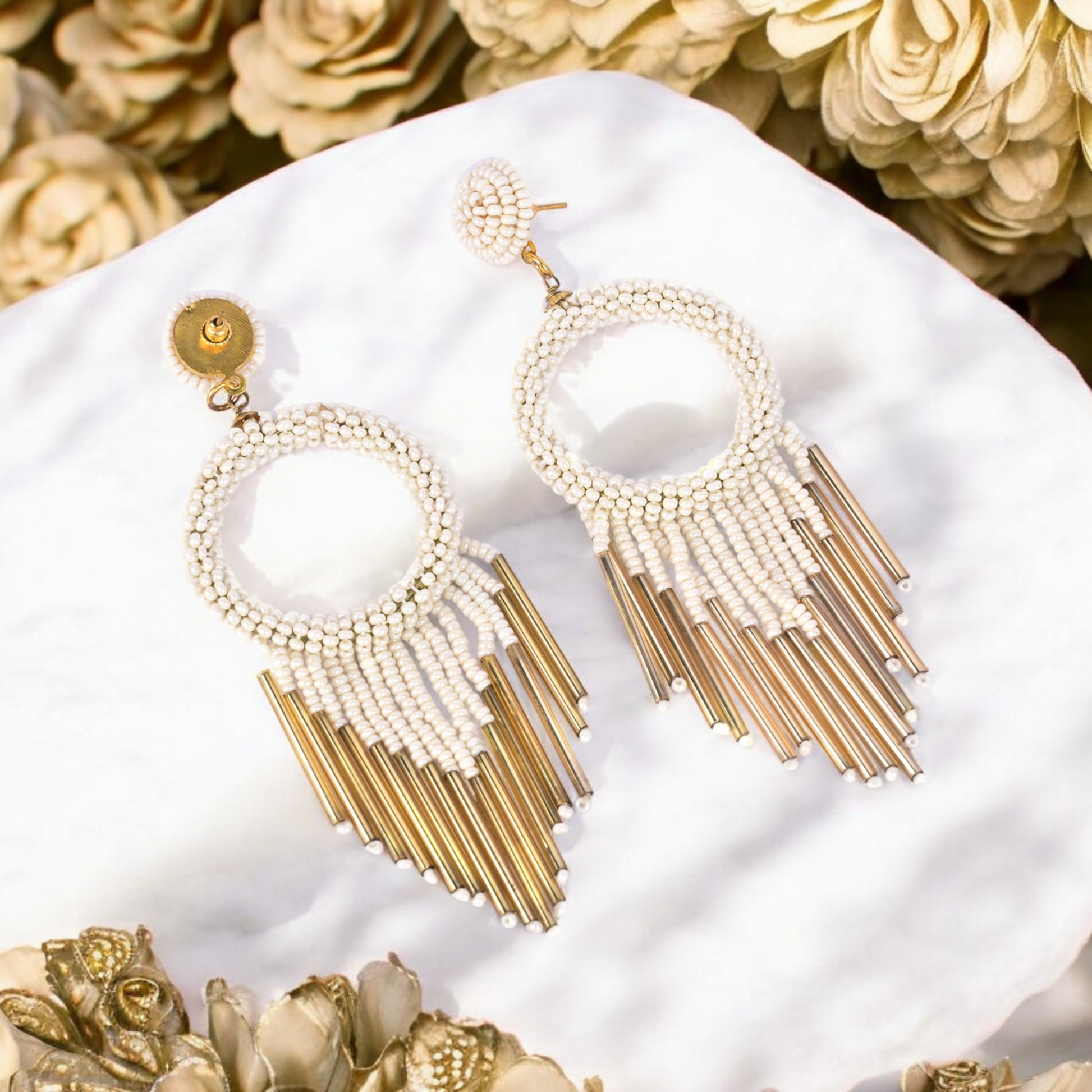 White Beaded Hoop Earrings with Gold Fringe