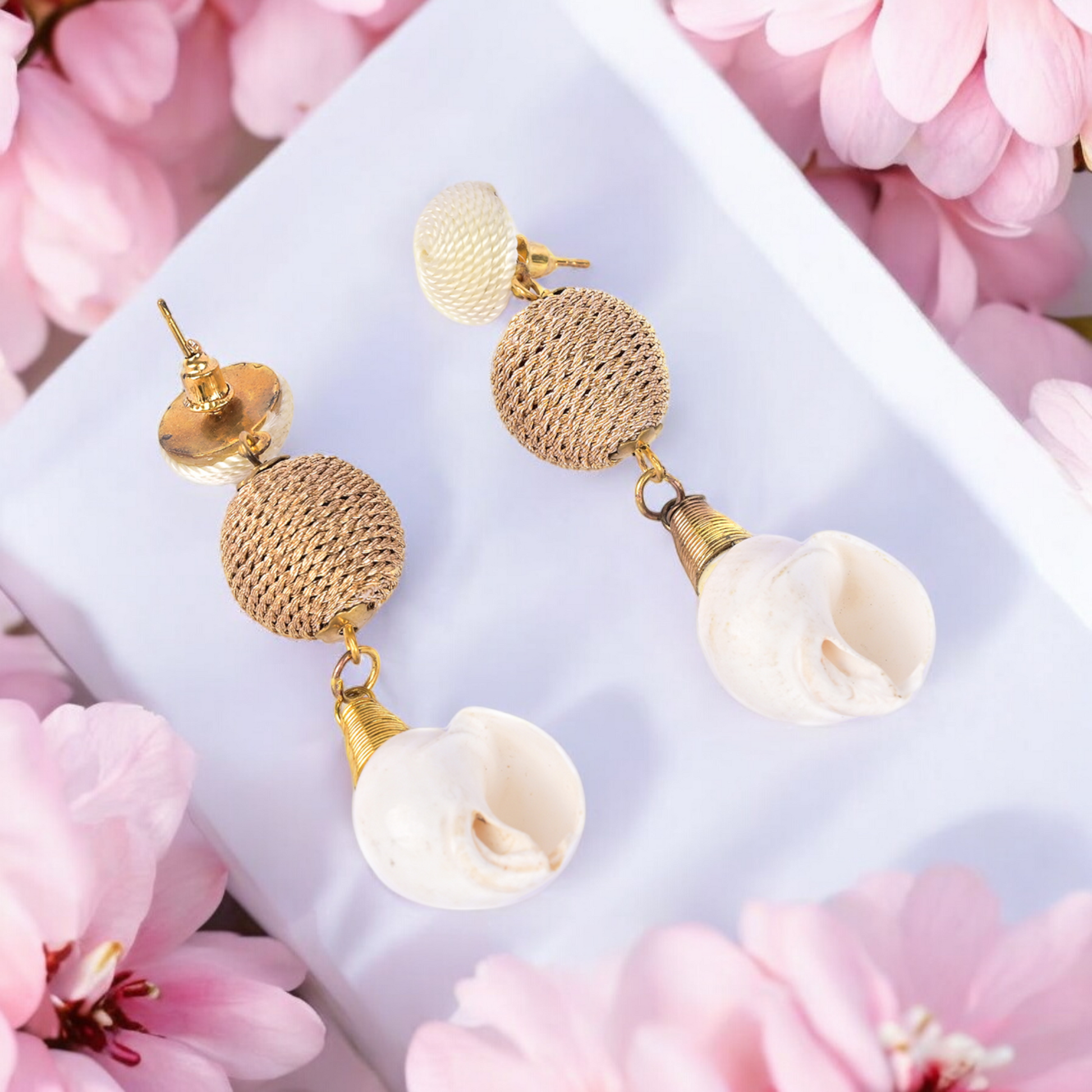 White Shell Statement Earrings with Gold Accents