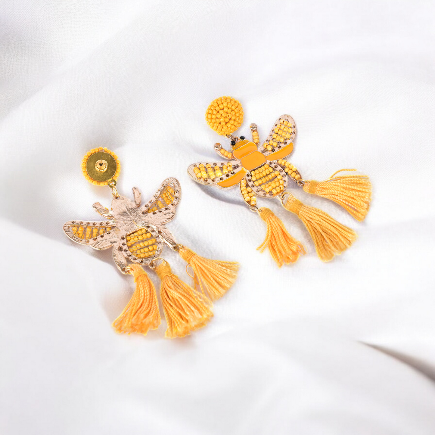 Yellow Beaded Bee Earrings with Tassel Accents