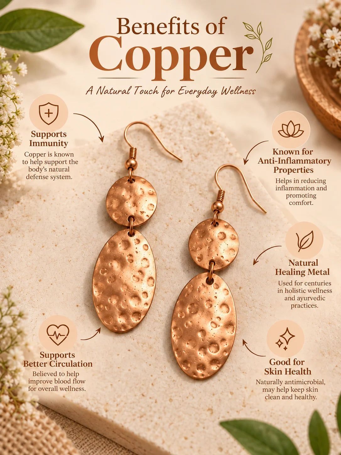 Hammered copper oval drop earrings styled for festive wear