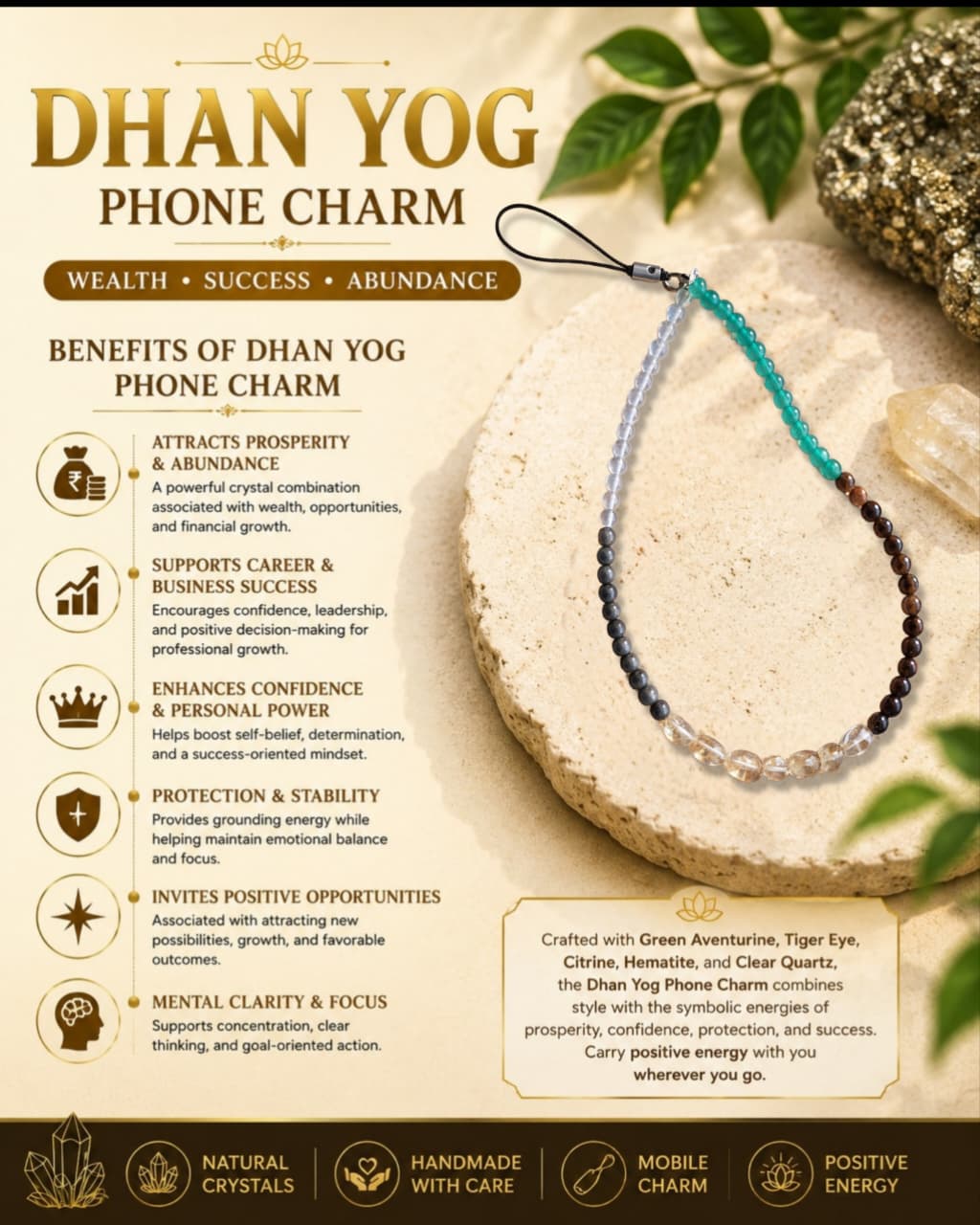 Dhanyog Crystal/Gemstone Mobile Charm for Prosperity & Success