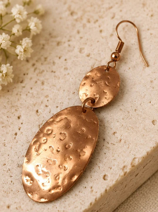 Hammered Copper oval drop earrings for women with elegant pendant design