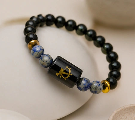 Sagittarius Zodiac Black Tourmaline & Lapis Lazuli Gemstone Bracelet | Natural Crystal Bracelet for Protection, Wisdom, Confidence & Positive Energy
