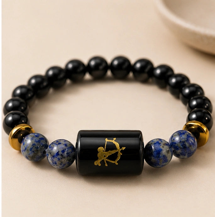 Sagittarius Zodiac Black Tourmaline & Lapis Lazuli Gemstone Bracelet | Natural Crystal Bracelet for Protection, Wisdom, Confidence & Positive Energy