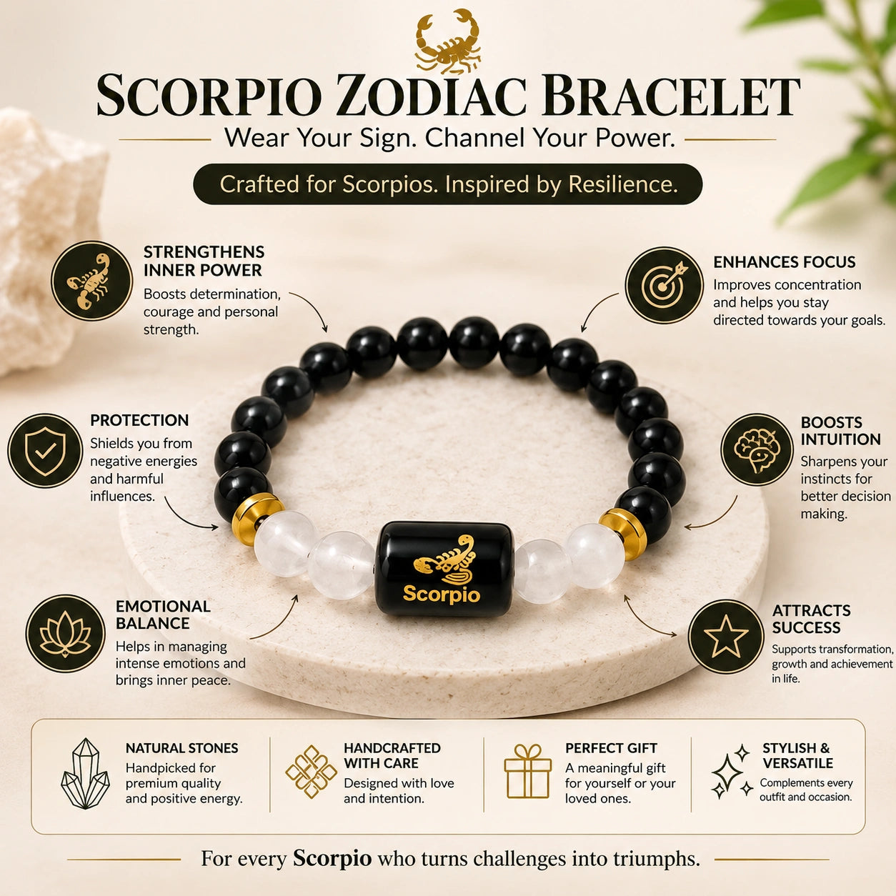 Scorpio Zodiac Gemstone Bracelet | Certified Natural Crystal Bracelet for Strength, Protection, Intuition & Success